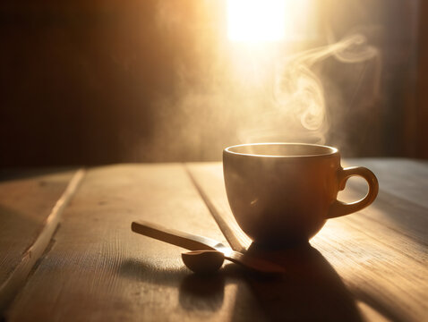 morning coffee moment, hot steaming cup on rustic wooden table in soft sunlight, generative AI
