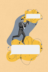 Vertical collage portrait of crazy positive mini black white colors guy use netbook chatting empty...