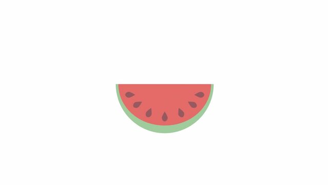 Animated slice of watermelon. Summer snack. Nutrition. Carbohydrate value. Flat cartoon style icon 4K video footage. Color isolated object animation on white background with alpha channel transparency