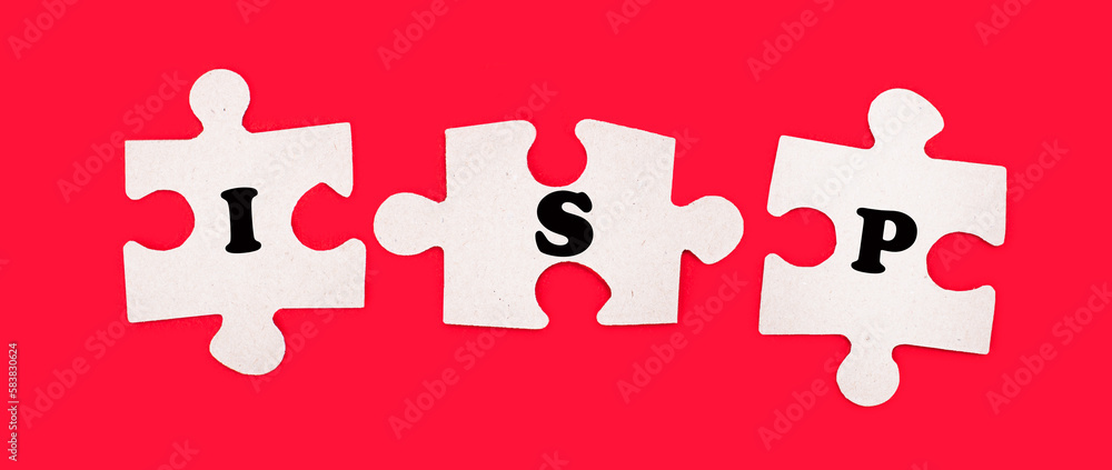 Poster three white jigsaw puzzles with the text isp internet service provider on a bright red background.