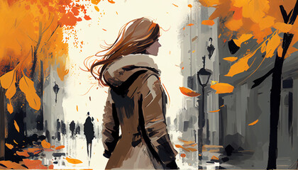 Fototapeta premium Ephemeral memory of autumn - Girl walking street in the morning watercolor/anime style illustration with Generative AI Technology