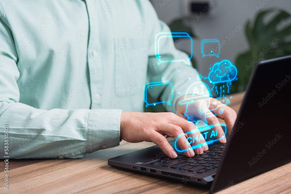 Poster Chatbot Chat with AI, Artificial Intelligence. Adult man chatting with a smart AI or artificial intelligence using an artificial intelligence chatbot developed, Futuristic technology transformation.