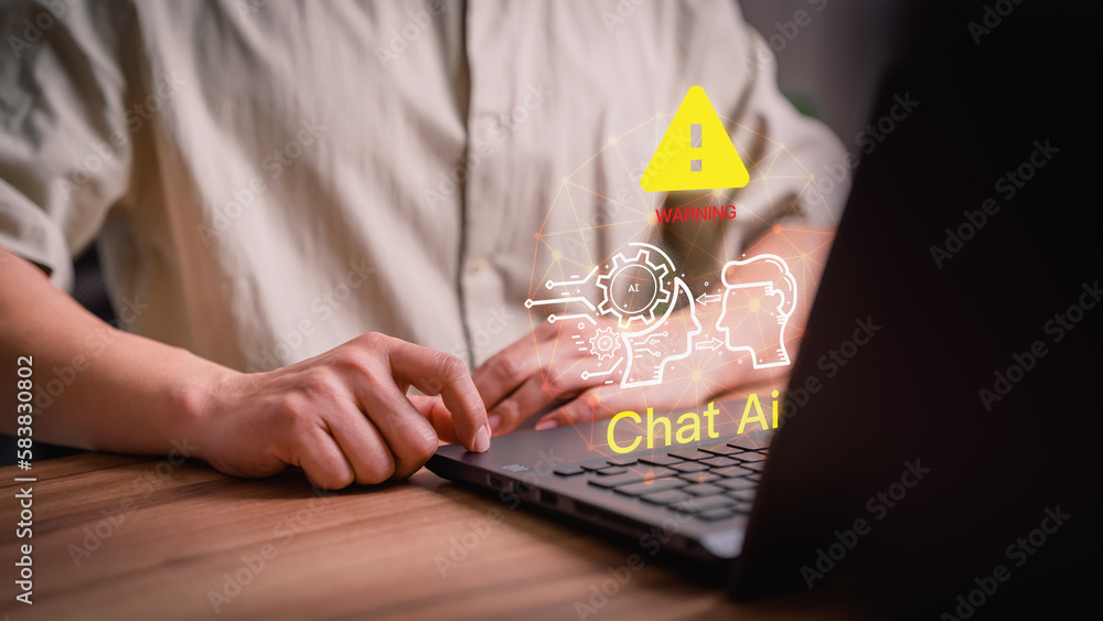 Poster Chat with AI, Artificial Intelligence. Adult man using laptop chatting with a smart AI using an artificial intelligence chatbot with triangle caution warning sign for notification error concept.