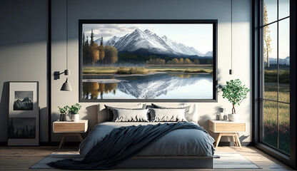 Modern bedroom interior with big windows and and nature frame on the wall. Generative Ai.