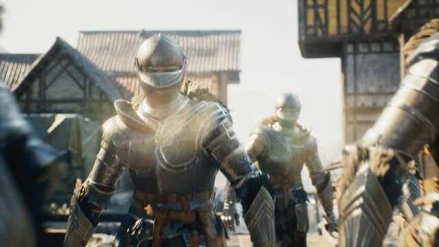Medieval formidable knights go to battle against the backdrop of an ancient city. Historical medieval concept. The animation is for historical, medieval or military backgrounds.