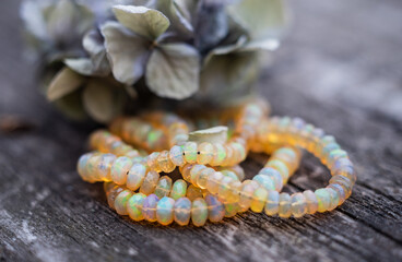 The photo with yellow iridescent opal stones is made on the background of a wooden board and a blue dried hydrangea.