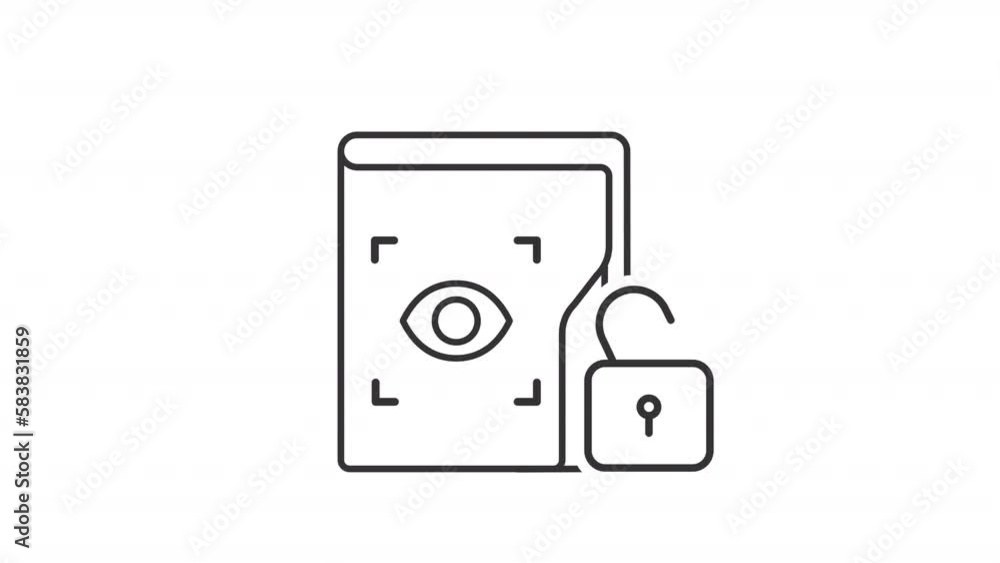 Poster animated personal data linear icon. protection with iris recognition technology. file access. seamle