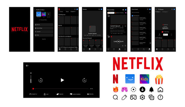 Netflix mockup. Set screen social media and network interface template. Editorial