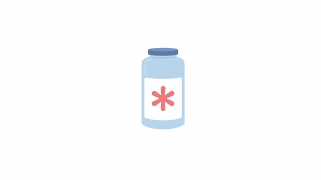 Animated pills bottle. Vitamins and minerals intake. Prescription. Flat cartoon style icon 4K video footage. Color isolated object animation on white background with alpha channel transparency
