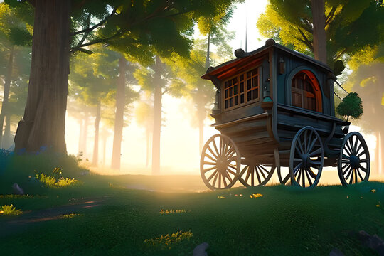 A wagon in the middle of a fairy-tale forest