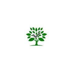 Tree Check leaf logo icon isolated on white background. Tree with OK tick icon