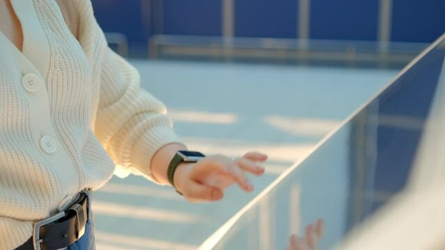 Young Woman using computer touch screen information in store 4K