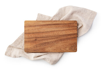Wooden cutting board on linen napkin isolated on white background