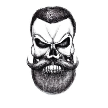 Hand drawn hipster angry skull with beard and mustache. AI generated image.