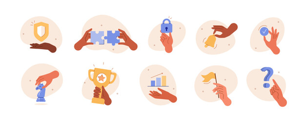 Hand gestures illustration set. Characters hands pointing at question mark, connecting puzzle pieces, holding trophy cup, lock and other stuff. Business concept. Vector illustration.
