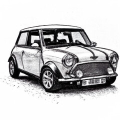 Hand drawn like Mini cooper classic car generated with ai on a white background. - obrazy, fototapety, plakaty