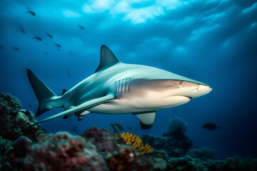 Bull shark on a coral reef, beautifully lit, ai generative