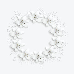 Paper flower. Frame with abstract cut flowers. White lilies. Wedding decorations. Decorative bridal bouquet.