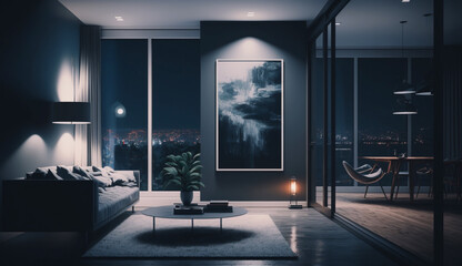 Modern apartment with big windows and abstract art frame interior. Generative Ai.