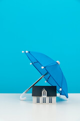 Toy umbrella over model house