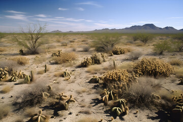 desert landscape, cacti, tumbleweeds,  rising heat, distant mountains -  AI Generative