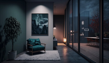 Modern apartment with big windows and abstract art frame interior. Generative Ai.