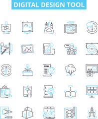 Digital design tool vector line icons set. Digital, Design, Tool, Graphic, Illustrator, Photoshop, CorelDRAW illustration outline concept symbols and signs