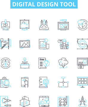 Digital design tool vector line icons set. Digital, Design, Tool, Graphic, Illustrator, Photoshop, CorelDRAW illustration outline concept symbols and signs
