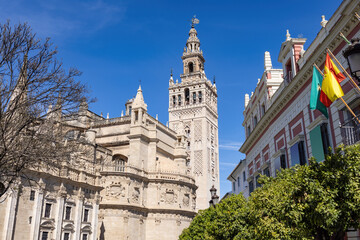 Fototapeta na wymiar View of tower bell of Seville Cathedral from Santa Cruz neighborhood, in Seville old city center, Andalusia, Spain