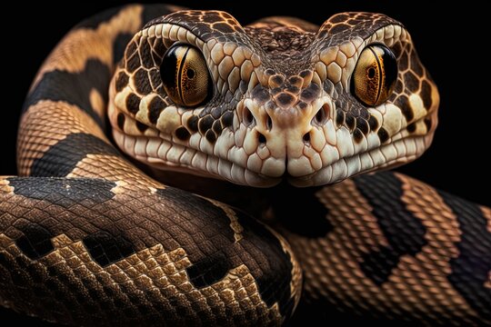 Image of the head of a black-and-white candoia carinata, or ground boa, snake, in close-up. Generative AI