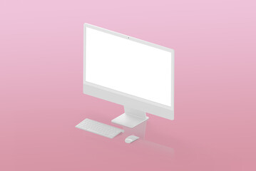 Isometric white display, keyboard and mouse on pink suirface. Isolated screen for mockup, app or web page presentation