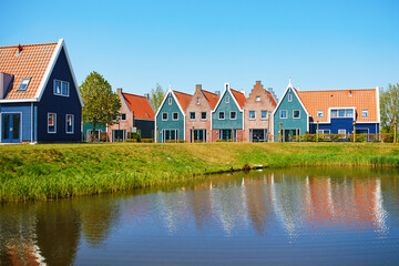 Colorful houses in marine park in Volendam