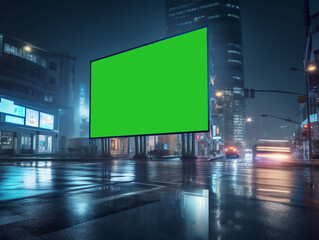 Billboard with a green screen in the futuristic cyberpunk city, bilboard mockup