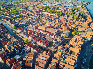 Aerial drone view of picturesque village of Volendam in North Holland, Netherlands