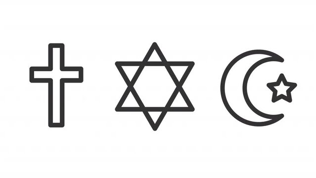 Animated religions linear icons. Islam, Christianity and Judaism. Monotheistic religion. Faith. Seamless loop HD video with alpha channel on transparent background. Outline motion graphic animation