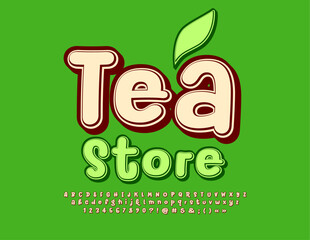 Vector bright emblem Tea Store. Creative Alphabet Letters, Numbers and Symbols. Modern handwritten Font.