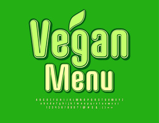 Vector stylish sign Vegan Menu. Modern elegant Font. Bright Creative Alphabet Letters, Numbers and Symbols set