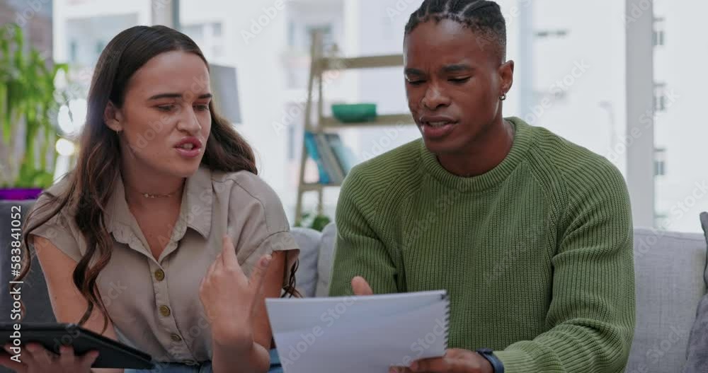 Canvas Prints Angry interracial couple, documents and argument for mortgage expenses, bills or bankruptcy on sofa at home. Upset man and woman fighting, conflict or disagreement in financial crisis on couch