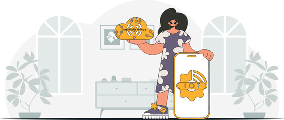 Girl with cloud storage in hands, modern vector style illustration.