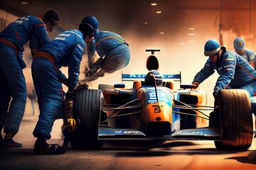Fototapeta na wymiar Formula one pit crew changing tires of a race car,speed,race cae,club