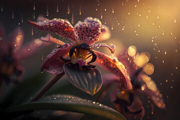 Macro of a beautiful orchid in a rainy weather