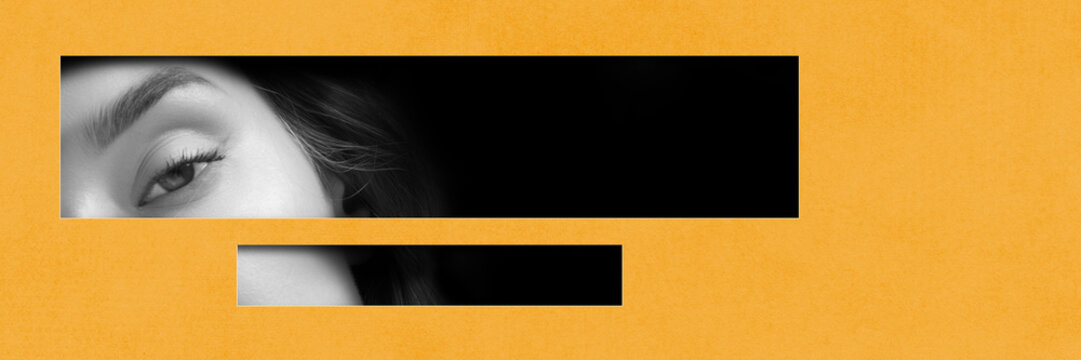 Female face parts, eye over orange background. Hidden beauty. Contemporary art collage. Conceptual design. Banner. Concept of creativity, abstract art, beauty, imagination and inspiration.