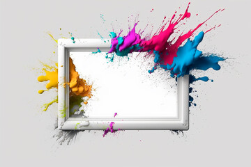 Obraz na płótnie Canvas White frame on white background with multicolored splashes of bright colored paint on white background, copy space, space for text banner with frame template. Generative AI.