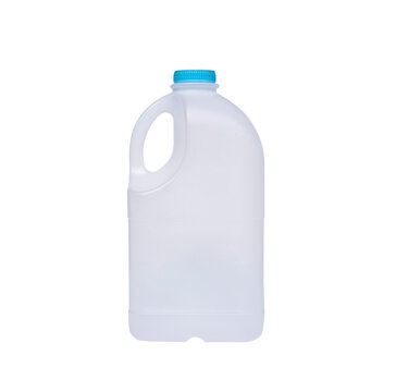 Empty white plastic milk gallon container with blue lid isolated on transparent background, png file