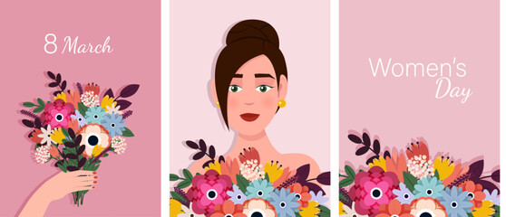 Beautiful trendy set of greeting cards for 8 March. International Women's Day. Vector postcard or greeting card mockup in modern cartoon style