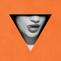 Sensuality. Black and white image of cropped female face part, lips and nose in triangle shape against orange background. Contemporary art collage. Conceptual design. Creativity, abstract art concept