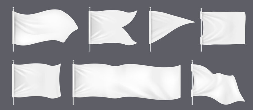 Realistic banner flags. 3D white blank textile signs and waving fabric for advertising. Realistic blank white fabric signs mockup for advertising, outdoor exhibition cotton waving flags