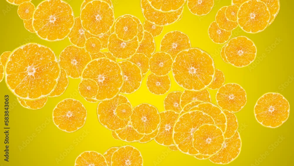 Poster tangerine slices in abstract explosion flying in different directions on a yellow background. creati
