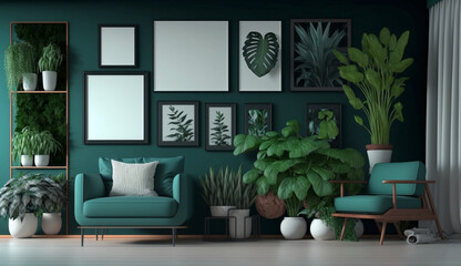 Potted plants decorate living room with green color walls with art gallery frame. Generative Ai.