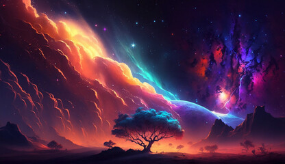Space, Fantasy background, Colorful starry sky, Neon colors. Generative Ai.